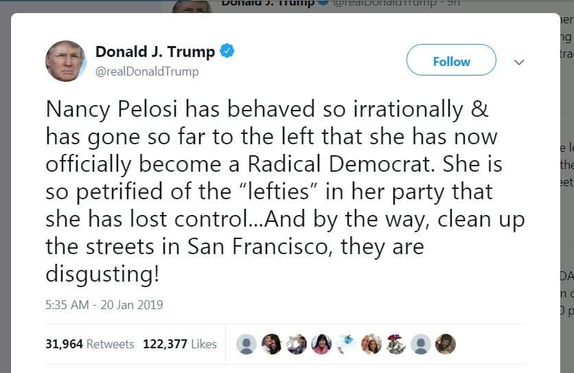 美國總統川普20日在推特貼文表示：「裴洛西表現得很不理性，而且太過左傾，現在她已正式成為極端的民主黨人。」 (圖:川普推特)