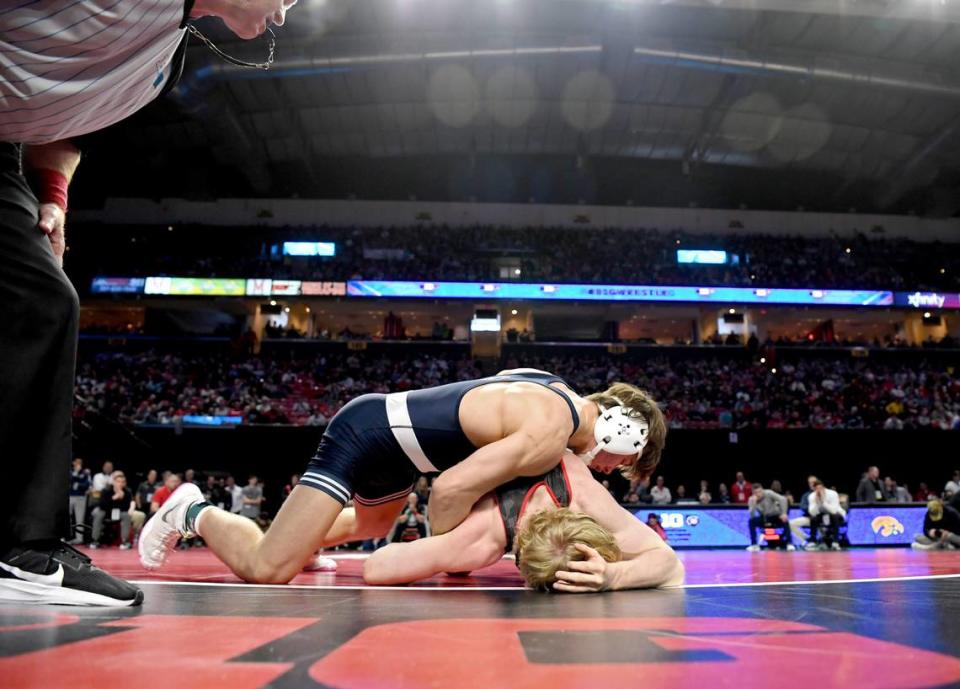 Penn State’s Tyler Kasak controls Maryland’s Ethen Miller in the 149 lb third place bout of the Big Ten Wrestling tournament at the Xfinity Center at the University of Maryland on Sunday, March 10, 2024.