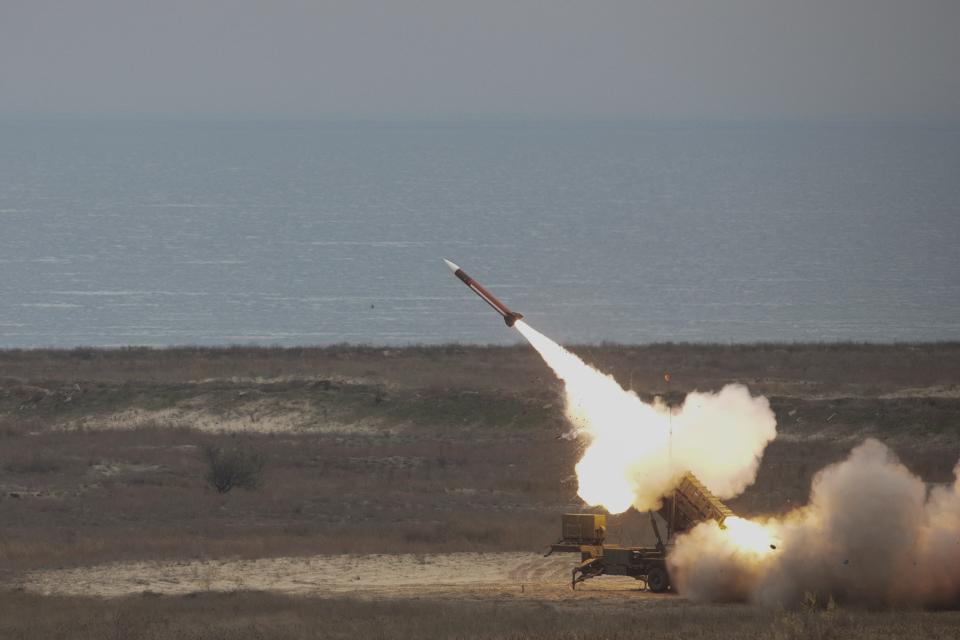 Patriot missile is fired during PATRIOT SPARK 23 exercise at the Black Sea training range in Capu Midia, Constanta, Romania, November 15, 2023.