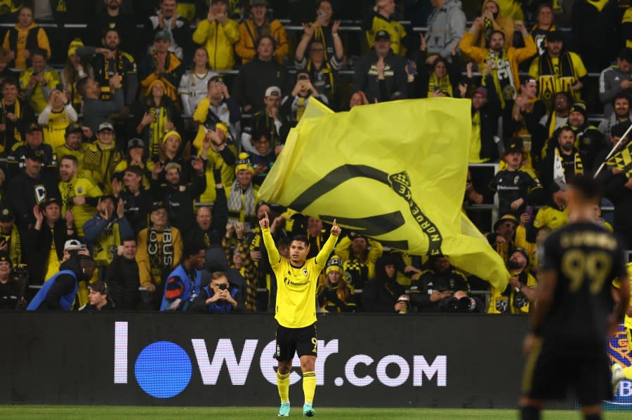 COLUMBUS, OHIO – DECEMBER 09: Cucho Hernández #9 of Columbus Crew celebrates a goal during the first half against the Los Angeles FC during the 2023 MLS Cup at Lower.com Field on December 09, 2023 in Columbus, Ohio. (Photo by Maddie Meyer/Getty Images)