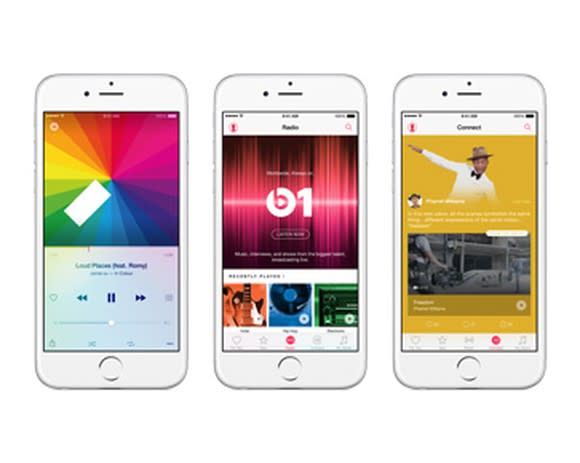 Three screenshots of Apple Music on the iPhone.