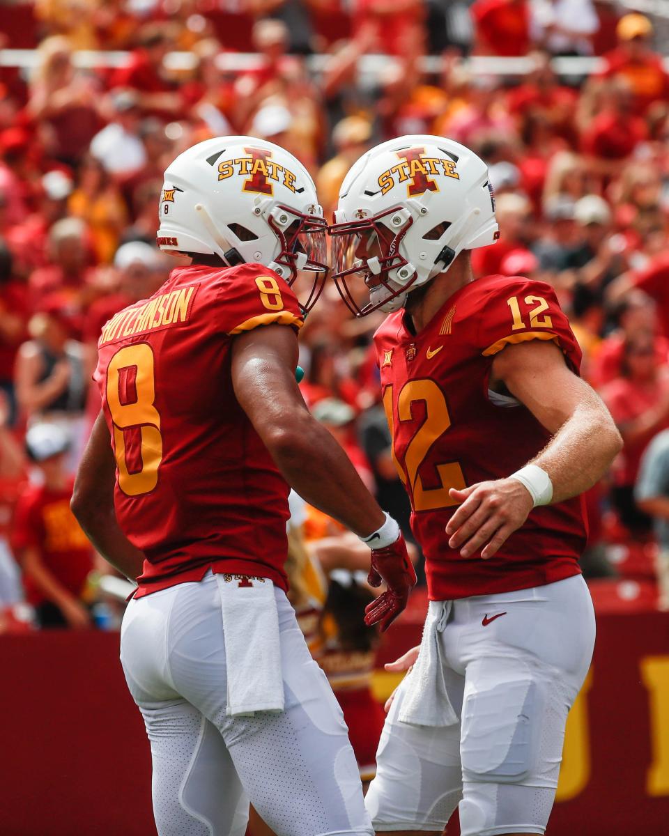 Iowa State wide receiver Xavier Hutchinson (8) celebrates a touchdown with quarterback Hunter Dekkers (12) during the Iowa State, Southeast Missouri State game on Saturday