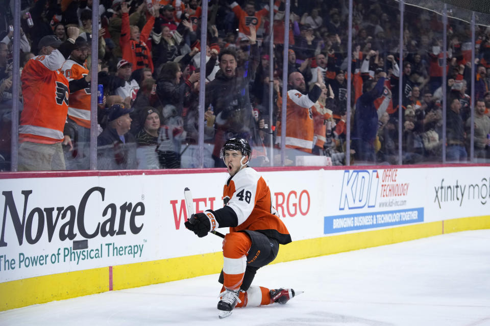 Philadelphia Flyers' Morgan Frost reacts after scoring a goal during the second period of an NHL hockey game against the New Jersey Devils, Thursday, Nov. 30, 2023, in Philadelphia. (AP Photo/Matt Slocum)