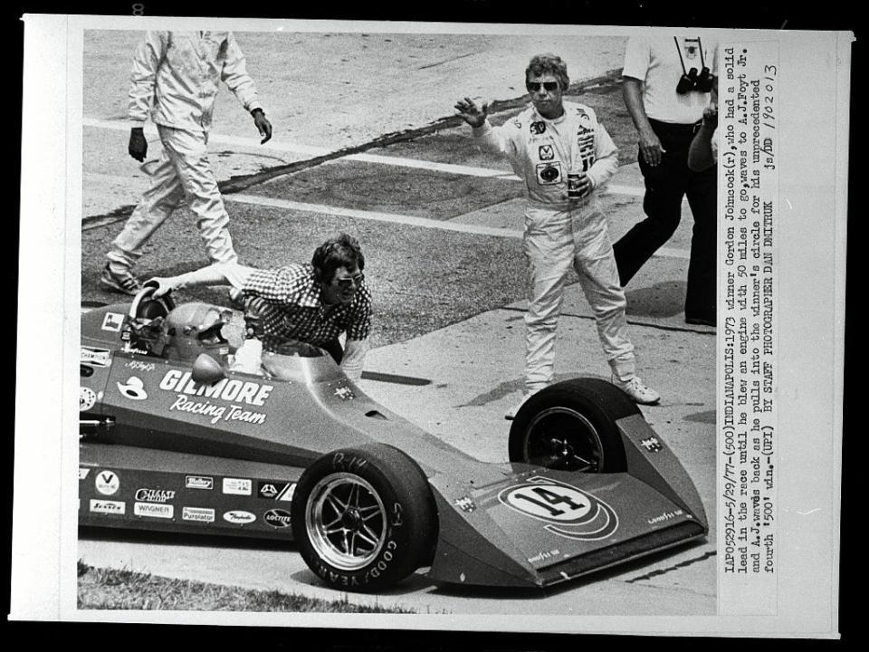 aj foyt, jr waving after win at indy 500