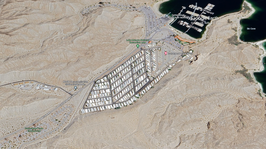The Trailer Village at Cottonwood Cove on Lake Mohave along the Nevada-Arizona border south of Las Vegas. (Google Earth)