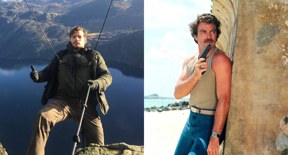 Henry Cavill and Tom Selleck shoot action scenes. (Photo: Instagram/Getty Images)