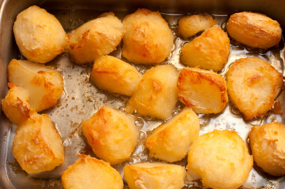 Roasted potatoes on a sheet pan.