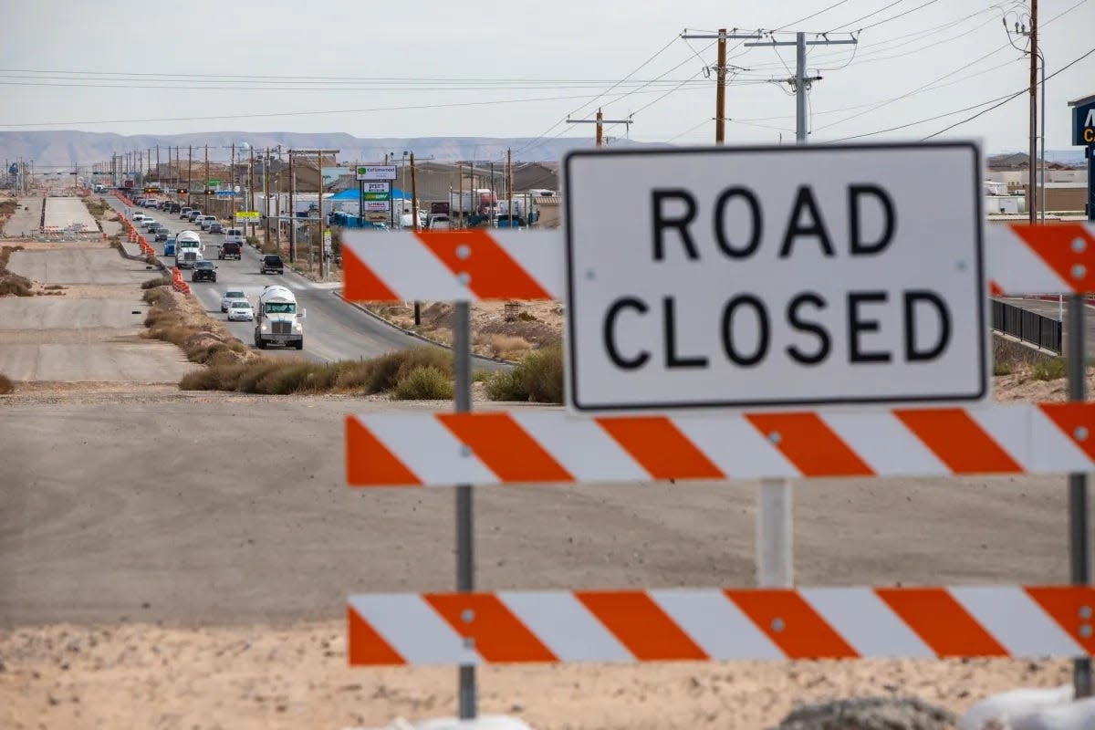 Several lanes of Pellicano Drive east of Loop 375 remain closed as construction stalls, Dec. 20, 2023.