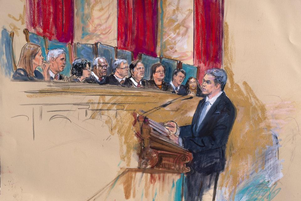 This artist sketch depicts the scene in the Supreme Court as the justices hear arguments about the Colorado Supreme Court's ruling that former President Donald Trump should be removed from the primary ballot on Feb. 8, 2024, in Washington. Jonathan Mitchell, right, a former Texas solicitor general, argues on behalf of former President Donald Trump. Listening from left are Justice Amy Coney Barrett, Justice Neil Gorsuch, Justice Sonia Sotomayor, Justice Clarence Thomas, Chief Justice John Roberts, Justice Samuel Alito, Justice Elena Kagan, Justice Brett Kavanaugh and Justice Ketanji Brown Jackson.