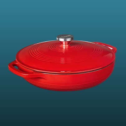 An enamel cast iron casserole dish