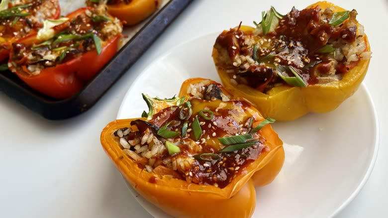 korean stuffed bell peppers with egg and gochujang on plate