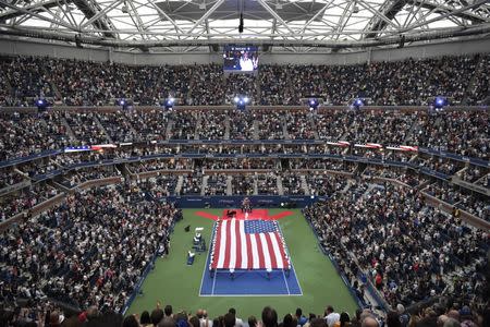 Sep 8, 2018; New York, NY, USA; A general view of Arthur Ashe Stadium during the national anthem prior to the match between Serena Williams of the United States and Naomi Osaka of Japan (both not pictured) in the women's final on day thirteen of the 2018 U.S. Open tennis tournament at USTA Billie Jean King National Tennis Center. Danielle Parhizkaran-USA TODAY Sports