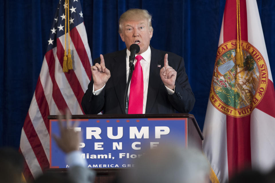 In this July 27, 2016, file photo, then Republican presidential candidate Donald Trump speaks during a news conference at Trump National Doral in Doral, Fla. (AP Photo/Evan Vucci, File)