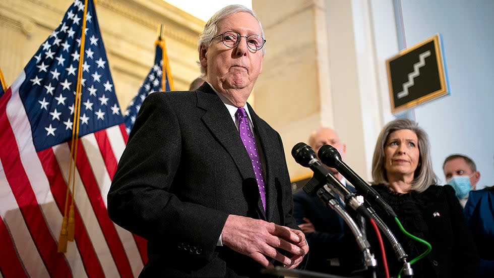 Minority Leader Mitch McConnell (R-Ky.) addresses reporters after the weekly policy luncheon on Tuesday, February 1, 2022.