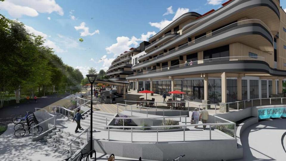 The Boardwalk, as seen in this architectural rendering, is ​a mixed-use apartment complex under construction along the south side of the Boise River in Garden City. 