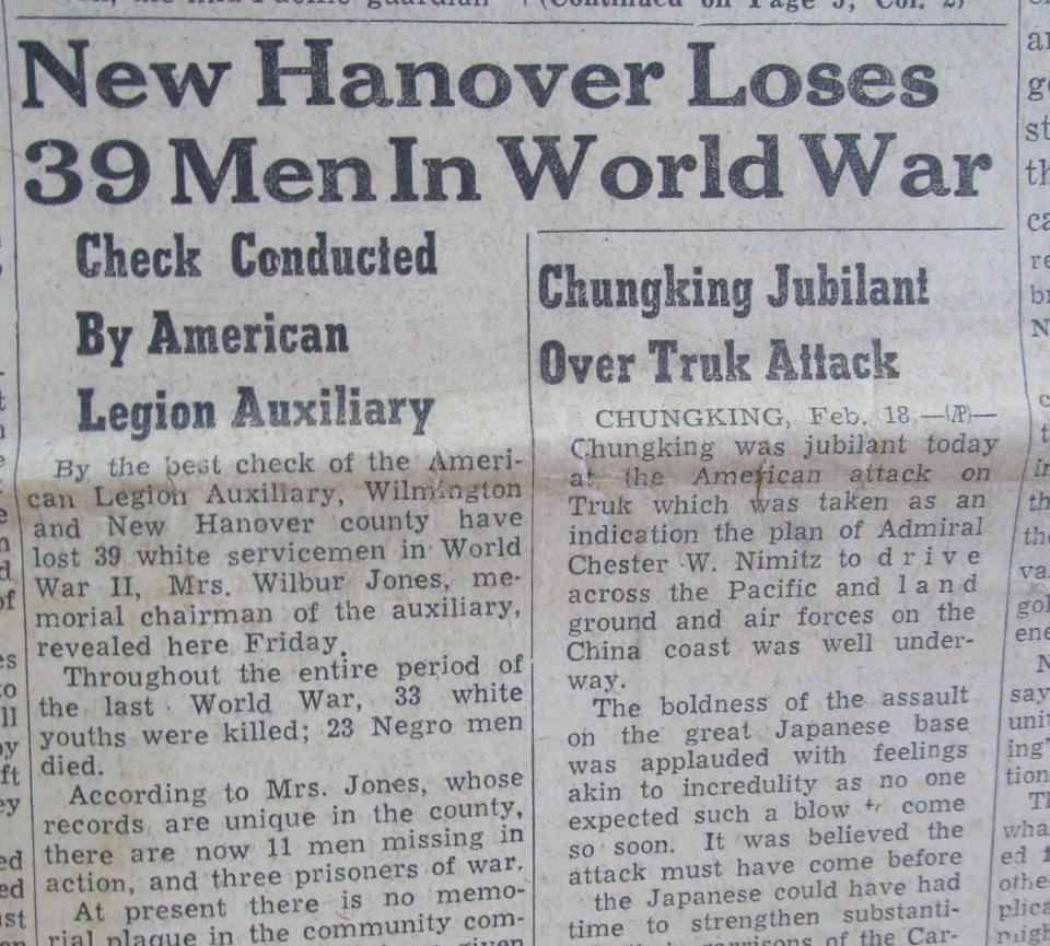 A story outlining casualties from New Hanover County in World War II. It cites Wilbur Jones' mother, who kept records for the American Legion Auxiliary.