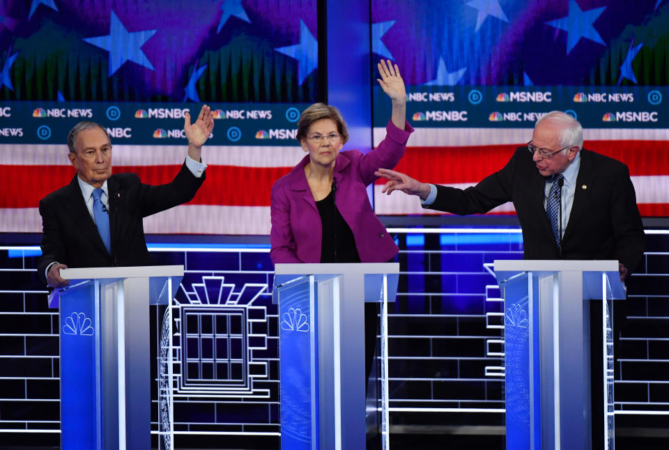 Democratic presidential hopefuls Former New York Mayor Mike Bloomberg (L), Massachusetts Senator Elizabeth Warren (C) and Vermont Senator Bernie Sanders (R) participate in the ninth Democratic primary debate of the 2020 presidential campaign season co-hosted by NBC News, MSNBC, Noticias Telemundo and The Nevada Independent at the Paris Theater in Las Vegas, Nevada, on February 19, 2020. (Photo by Mark RALSTON / AFP) (Photo by MARK RALSTON/AFP via Getty Images)