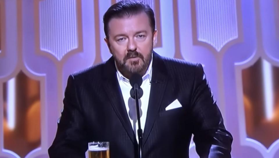 Closeup of Ricky Gervais onstage