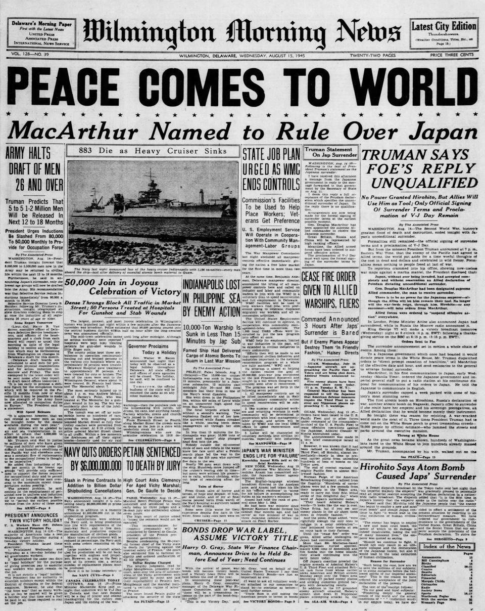 Front page of the Wilmington Morning News from Aug. 15, 1945.