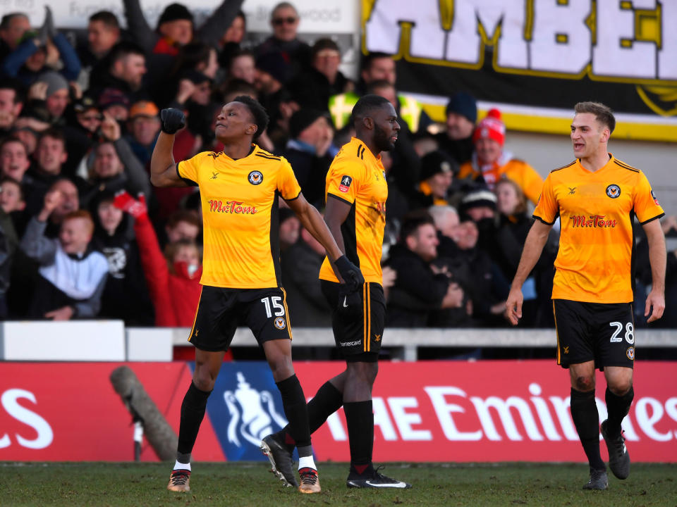 Shawn McCoulsky celebrates scoring the winning goal for Newport: Getty