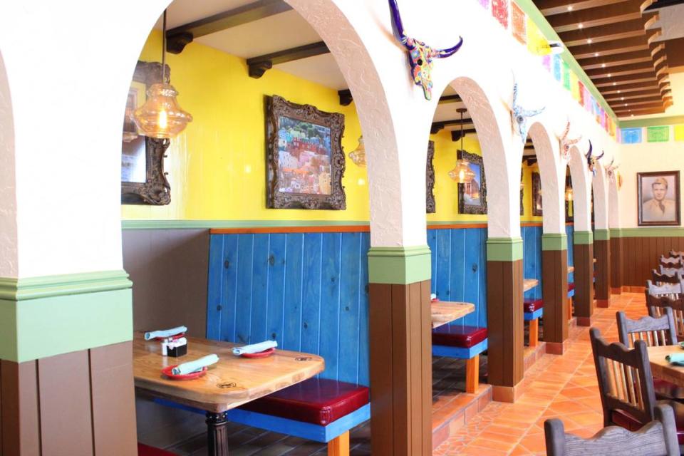 El Tiempo Cantina in Arlington at Choctaw Stadium is decorated like a rustic Mexican cantina with saltillo tiles and vibrant colors.