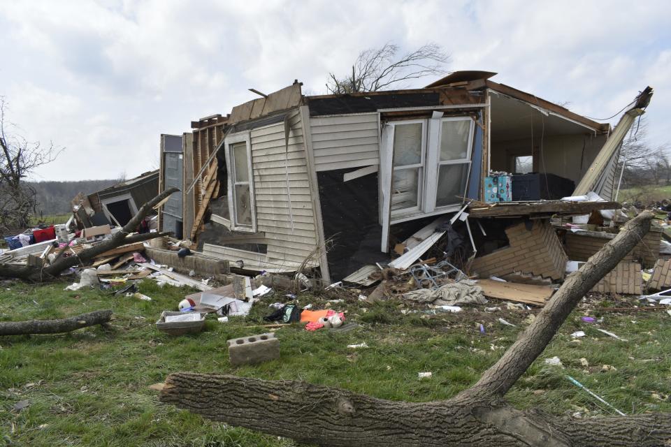 The tornado-struck Bowman residence on Concord Road in Owen County, April 4, 2023