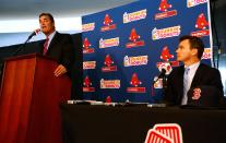 BOSTON, MA - OCTOBER 23: Executive Vice President and General Manager of the Boston Red Sox, Ben Cherington (R), introduces John Farrell as the new manager, the 46th manager in the club's 112-year history, on October 23, 2012 at Fenway Park in Boston, Massachusetts. (Photo by Jared Wickerham/Getty Images)