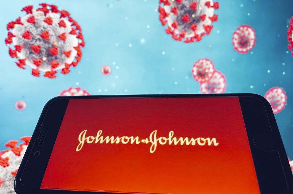 Photo by: STRF/STAR MAX/IPx 2021 1/29/21 Johnson&Johnson vaccine shown 72% effective in U.S. in preventing moderate to severe COVID-19. STAR MAX Photo: Johnson&Johnson logo and Coronavirus background photographed off Apple devices.