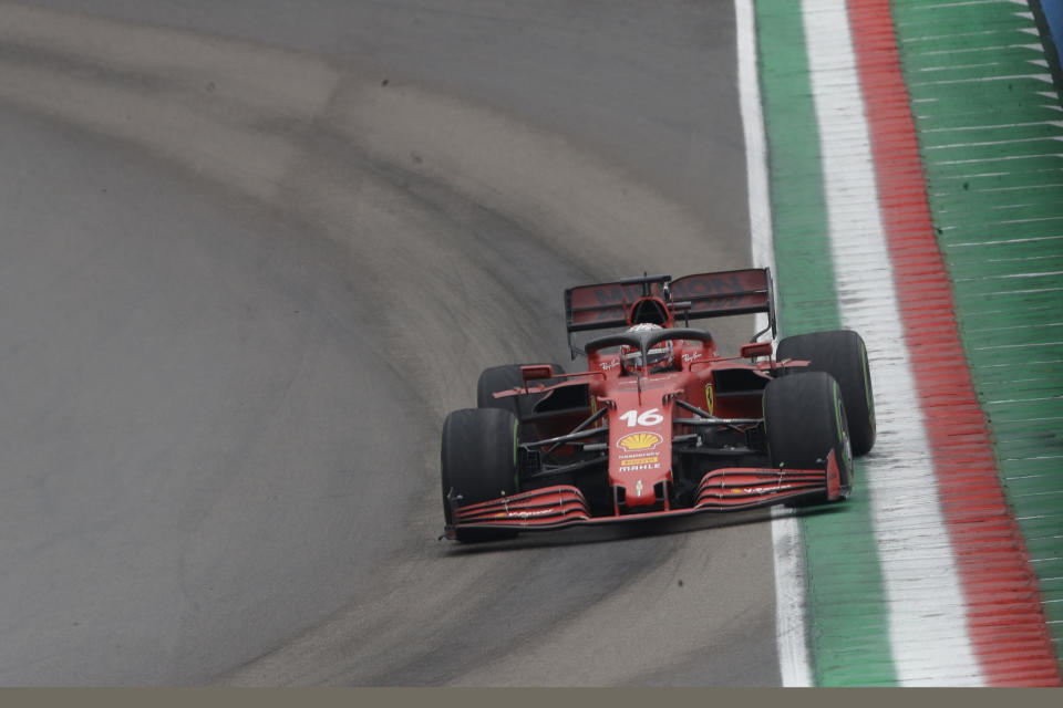 Ferrari driver Charles Leclerc of Monaco steers his car during the Emilia Romagna Formula One Grand Prix, at the Imola racetrack, Italy, Sunday, April 18, 2021. (AP Photo/Luca Bruno)