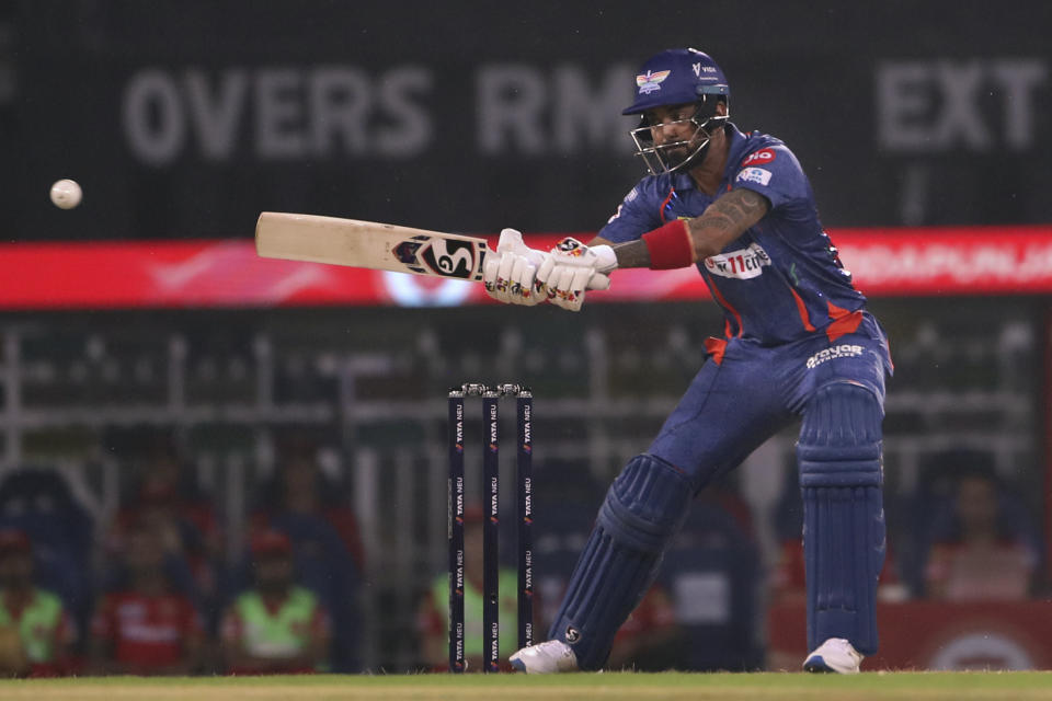 Lucknow Super Giants' captain KL Rahul plays a shot during the Indian Premier League cricket match between Lucknow Super Giants and Punjab Kings in Lucknow, India, Saturday, April 15, 2023. (AP Photo/Surjeet Yadav)