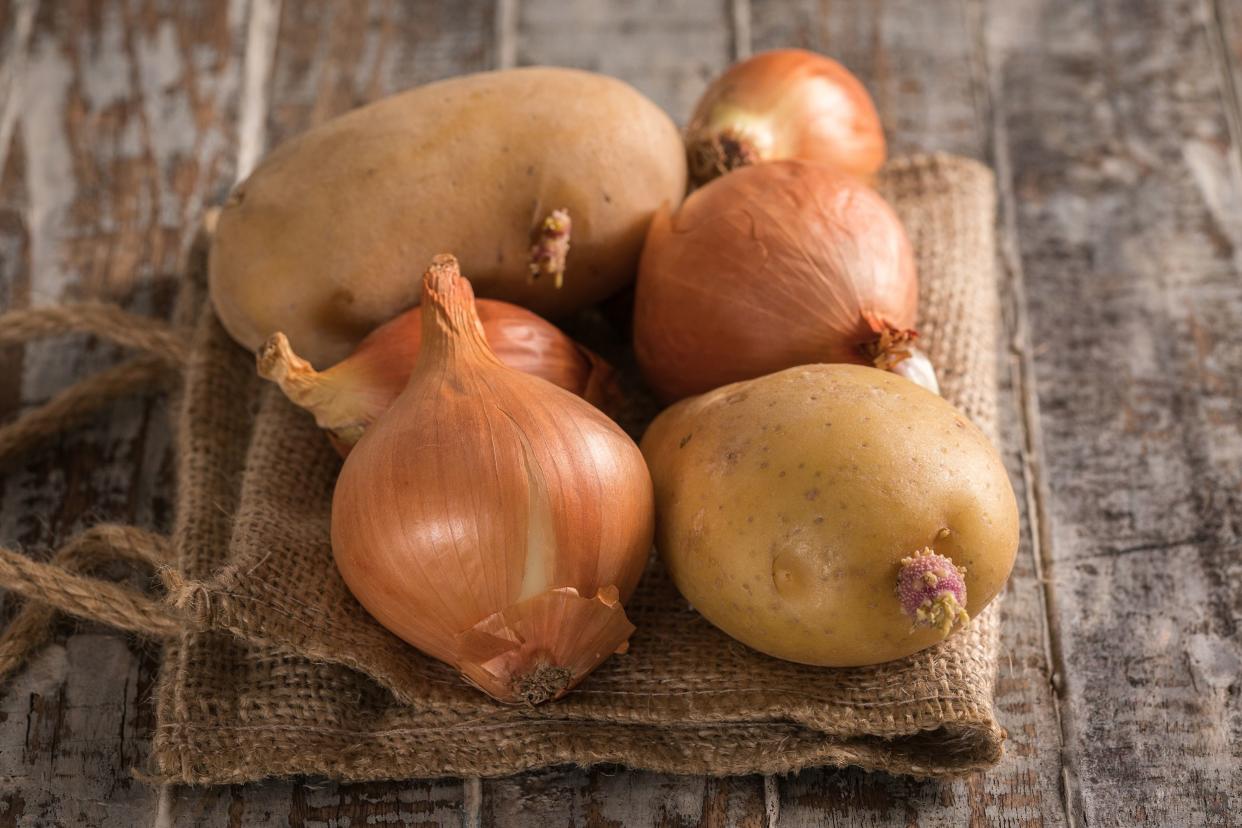 red onion and potato on the wood background