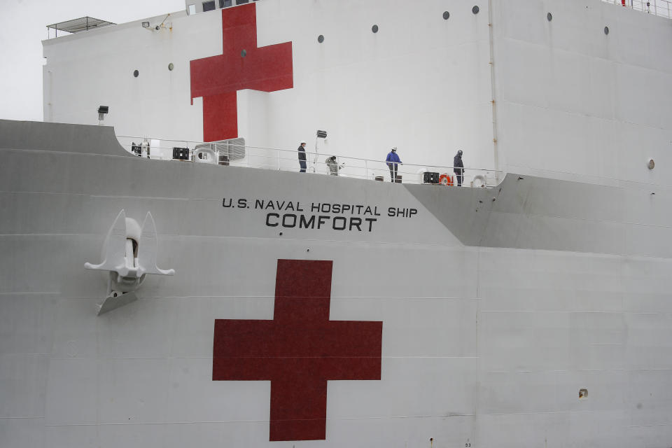 The USNS Naval Hospital Ship Comfort is prepared to depart via the Husdon River, Thursday, April 30, 2020, in the Manhattan borough of New York. (AP Photo/John Minchillo)