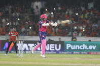 Rajasthan Royals' Yashasvi Jaiswal plays a shot during the Indian Premier League cricket match between Sunrisers Hyderabad and Rajasthan Royals in Hyderabad, India, Thursday, May 2, 2024. (AP Photo/Mahesh Kumar A.)