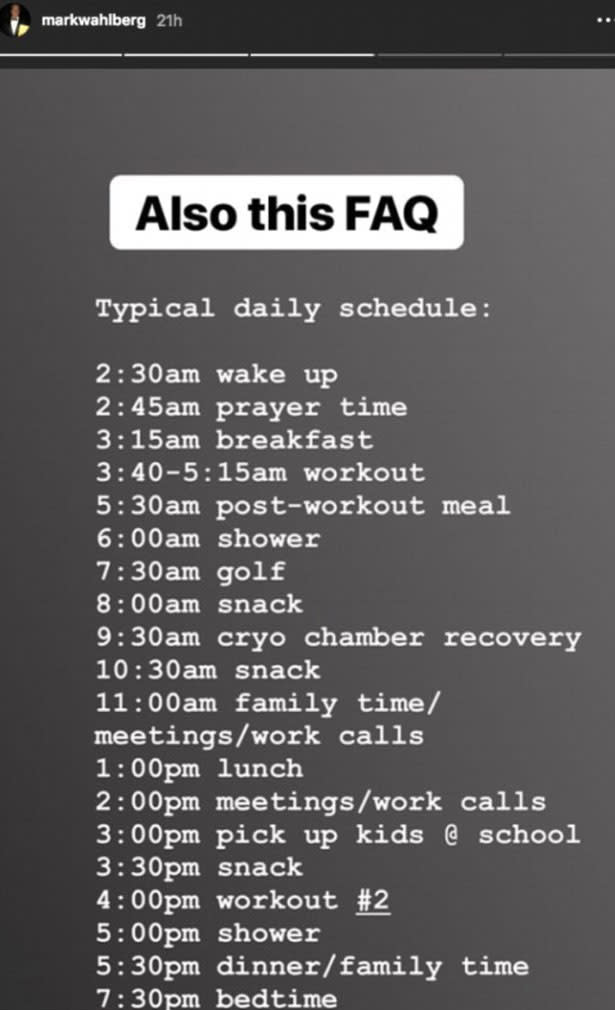 He uploaded a list of his routine to his Instagram stories. Photo: Instagram/Mark Wahlberg