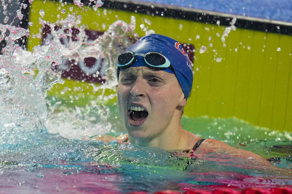 Katie Ledecky reacts after winning the women's 800-meter freestyle at the U.S. national championships swimming meet in Indianapolis, Tuesday, June 27, 2023. (AP Photo/Michael Conroy)