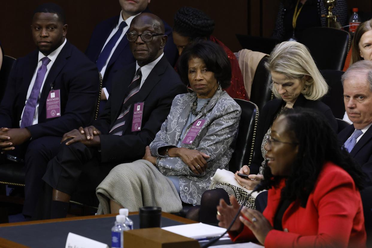 U.S. Supreme Court nominee Judge Ketanji Brown Jackson's family, (L-R) brother Ketajh Brown and parents Jonny and Ellery Brown, watch as Jackson testifies during her confirmation hearing before the Senate Judiciary Committee in the Hart Senate Office Building on Capitol Hill on March 22, 2022, in Washington, DC.