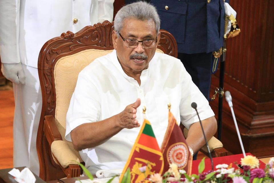 Sri Lanka's president Gotabaya Rajapaksa speaks at a ministerial swearing-in ceremony at the Presidential Secretariat in Colombo, Sri Lanka