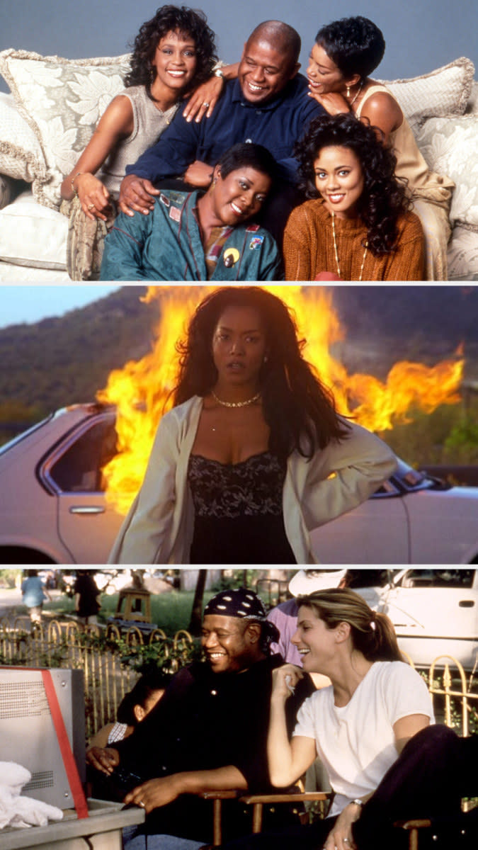 Forest Whitaker taking a publicity photo with the casts of "Waiting to Exhale;" Bernadine burning her husband's car in "Waiting to Exhale;" Whitaker watching a playback with Sandra Bullock behind the scenes of "Hope Floats"