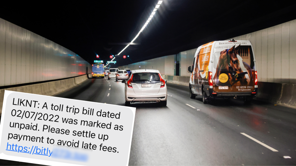 Cars driving through road toll tunnel. Linkt road toll scam text message. 