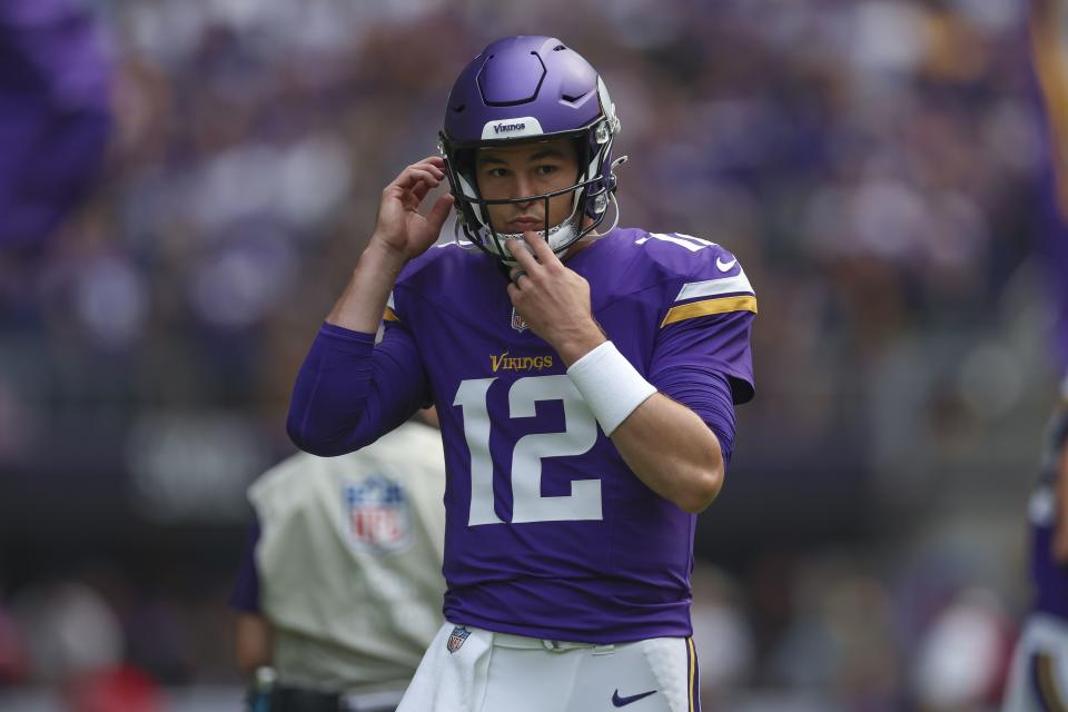 Minnesota Vikings quarterback Nick Mullens (12) warms up before an NFL football game against the Los Angeles Chargers on Sept. 24, 2023, in Minneapolis. | Stacy Bengs, Associated Press