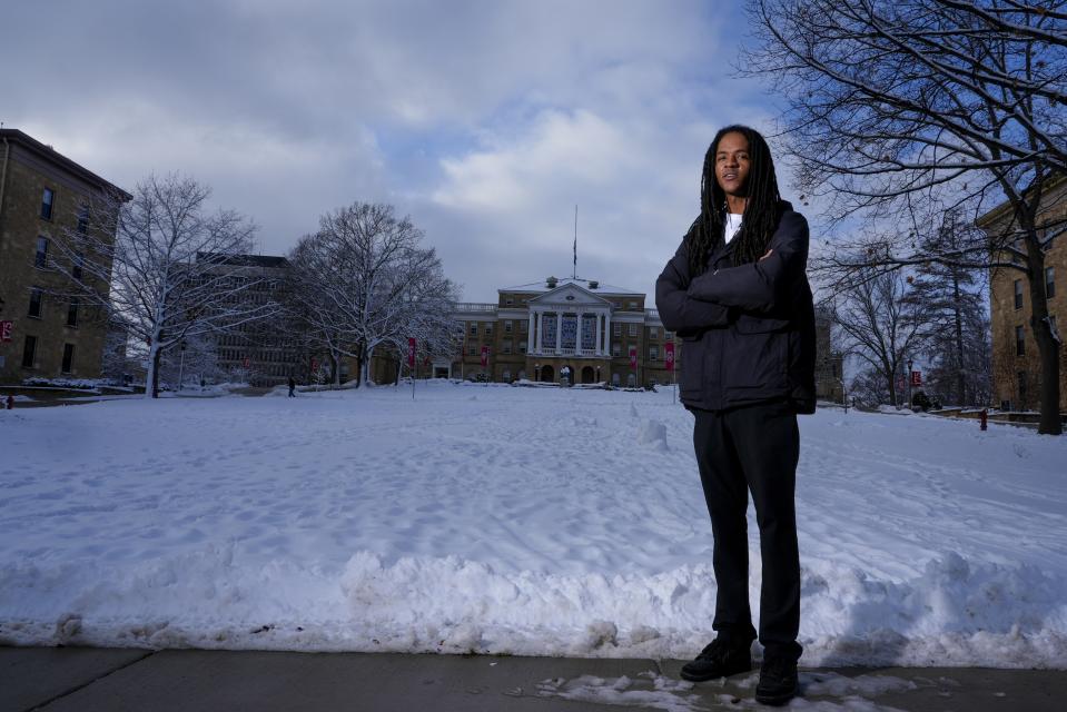 University of Wisconsin student Kaleb Autman poses for a photo outside Bascom Hall, Thursday, Jan. 11, 2024, in Madison, Wis. On college campuses, a newer version of free speech is emerging as young generations redraw the line where expression crosses into harm. (AP Photo/Morry Gash)
