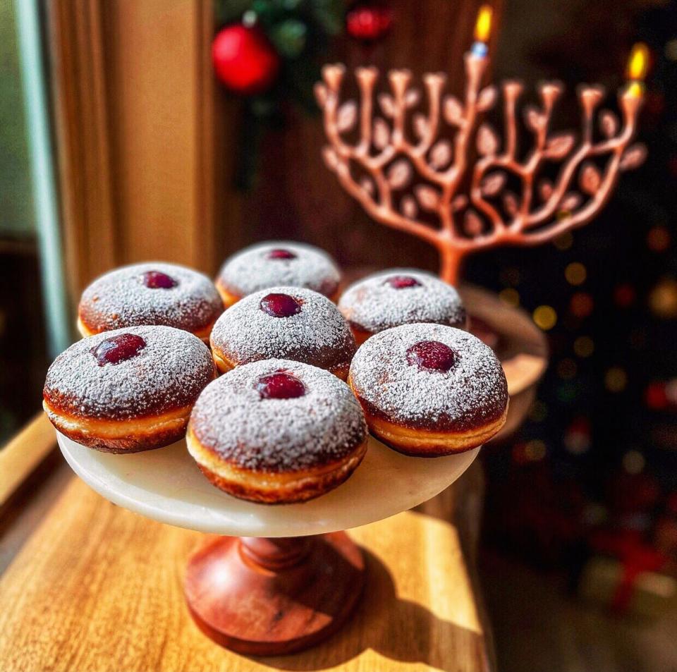 Brambleberry jam and custard donuts or sufganiyot available for Hanukkah at The Baker's Grove in Shrewsbury.