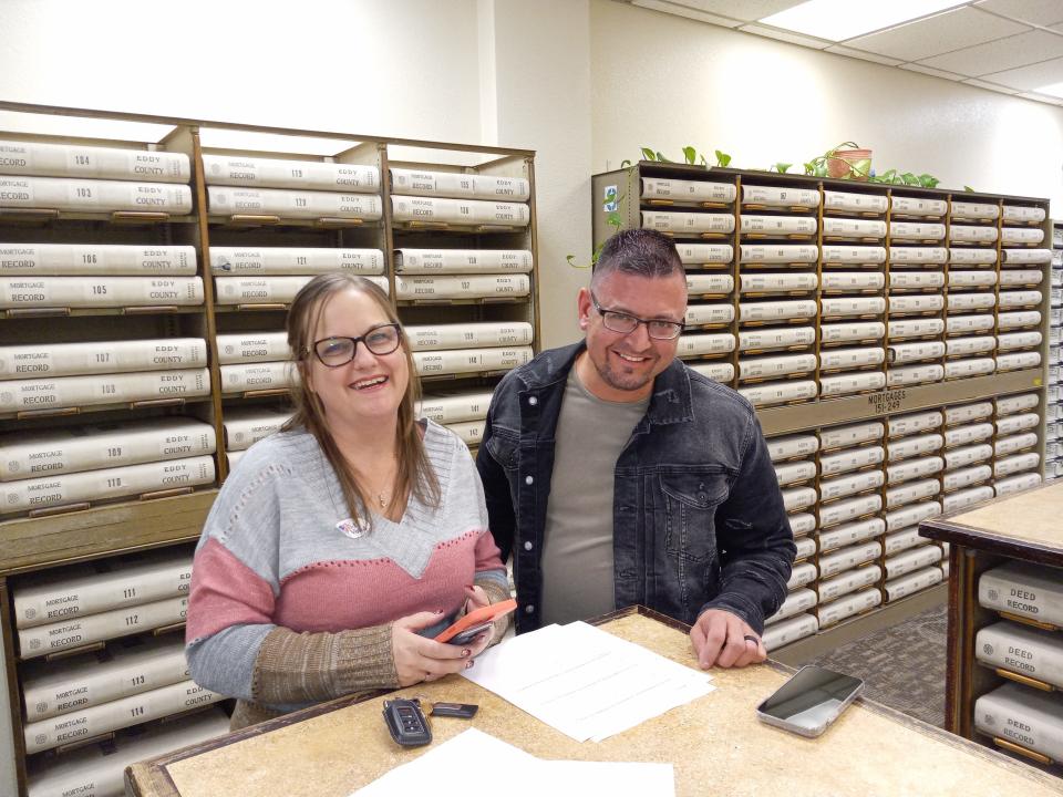 Carlsbad Municipal Schools Board elected member Tiffany Shirley (left) and outgoing Ward 3 Carlsbad City Councilor Jason Shirley look over results at the Eddy County Clerk's office on Nov. 2, 2021.