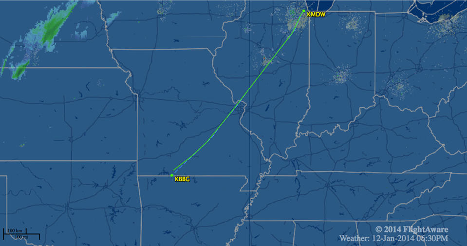 In this image released by FlightAware.com, the flight path of Southwest Airlines Flight 4013 on Sunday, Jan. 12, 2014, is shown. The Southwest Airlines flight, carrying 124 passengers and five crew members, was scheduled to go from Chicago's Midway International Airport to Branson Airport, in Branson, Mo., airline spokesman Brad Hawkins said Sunday in a statement. But the Boeing 737-700 landed at Taney County Airport about 7 miles away that only had about half as much runway. (AP Photo/Courtesy of FlightAware.com)