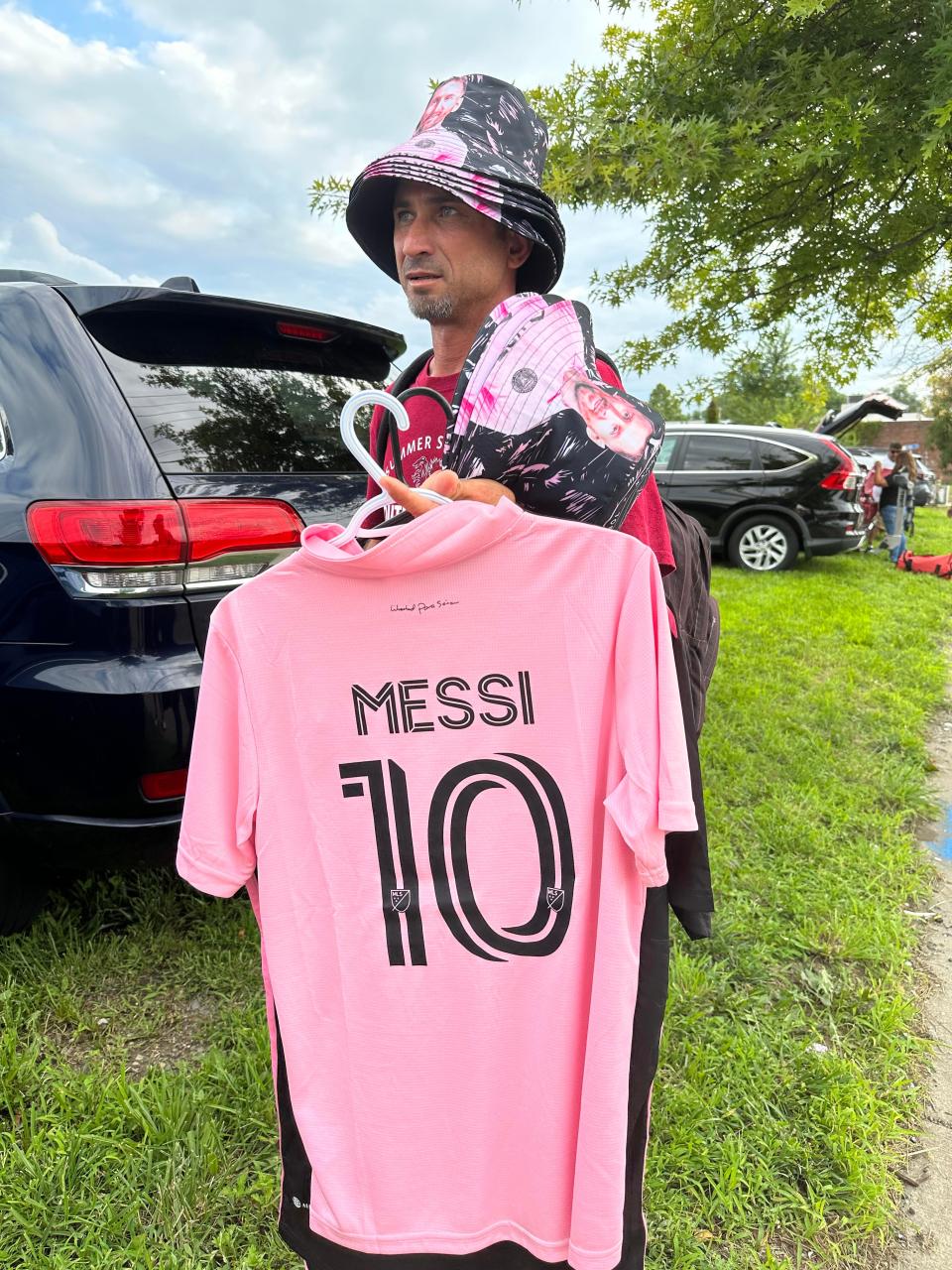 A street vendor near Subaru Park in Chester, Pennsylvania sells Lionel Messi merchandise prior to an Aug. 15 match between Inter Miami CF and Philadelphia Union.