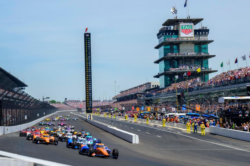 May 29, 2022; Indianapolis, Indiana, USA; A view of the green flag start of the running of the 106th Indianapolis 500 at Indianapolis Motor Speedway.