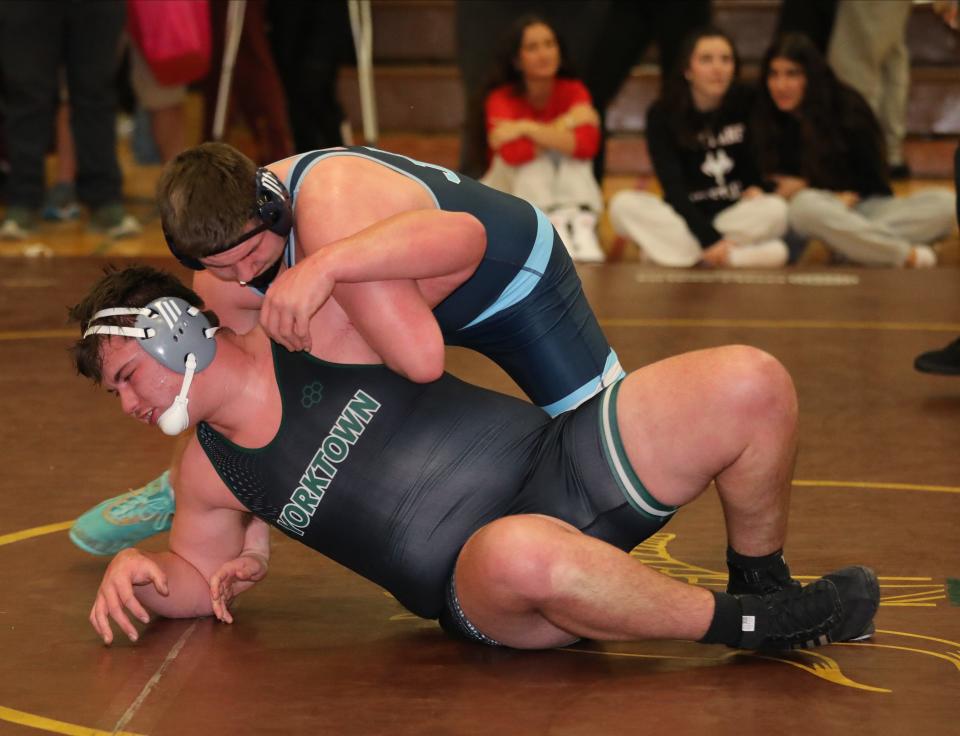 Michael Mauro from John Jay EF on his way to defeating George Gjergji from Yorktown in the 285 pound match during the wrestling divisional at Clarkstown South High School in West Nyack, Feb. 3, 2024.