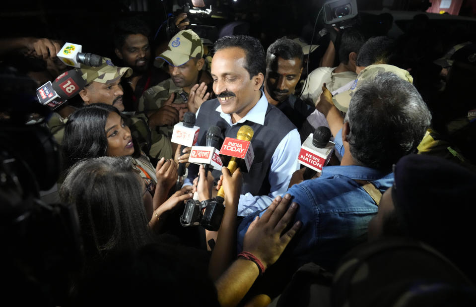 Indian Space Research Organization (ISRO) Chairman S. Somanath addresses the media after the successful landing of spacecraft Chandrayaan-3 on the moon at ISRO's Telemetry, Tracking and Command Network facility in Bengaluru, India, Wednesday, Aug. 23, 2023. India has landed a spacecraft near the moon's south pole, an unchartered territory that scientists believe could hold vital reserves of frozen water and precious elements, as the country cements its growing prowess in space and technology.(AP Photo/Aijaz Rahi)