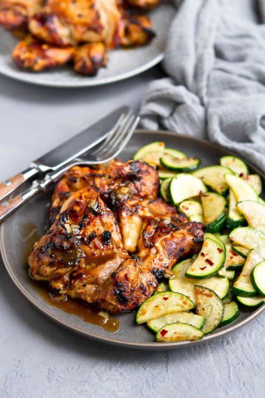 <p>The glaze on these honey balsamic air fryer chicken thighs is to die for! A quick and easy chicken recipe with tons of flavor.</p><p><strong>Get the recipe: <a href="https://www.cookincanuck.com/honey-balsamic-air-fryer-chicken-thighs/" rel="nofollow noopener" target="_blank" data-ylk="slk:Honey Balsamic Air Fryer Chicken Thighs;elm:context_link;itc:0;sec:content-canvas" class="link rapid-noclick-resp">Honey Balsamic Air Fryer Chicken Thighs</a></strong></p>