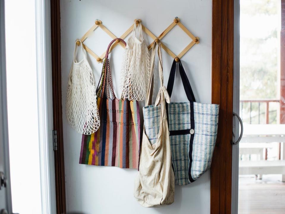 Bags hanging on hooks.